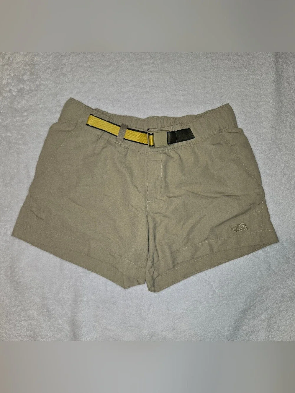The North Face Women's Khaki Athletic Shorts with Yellow Contrast Belt